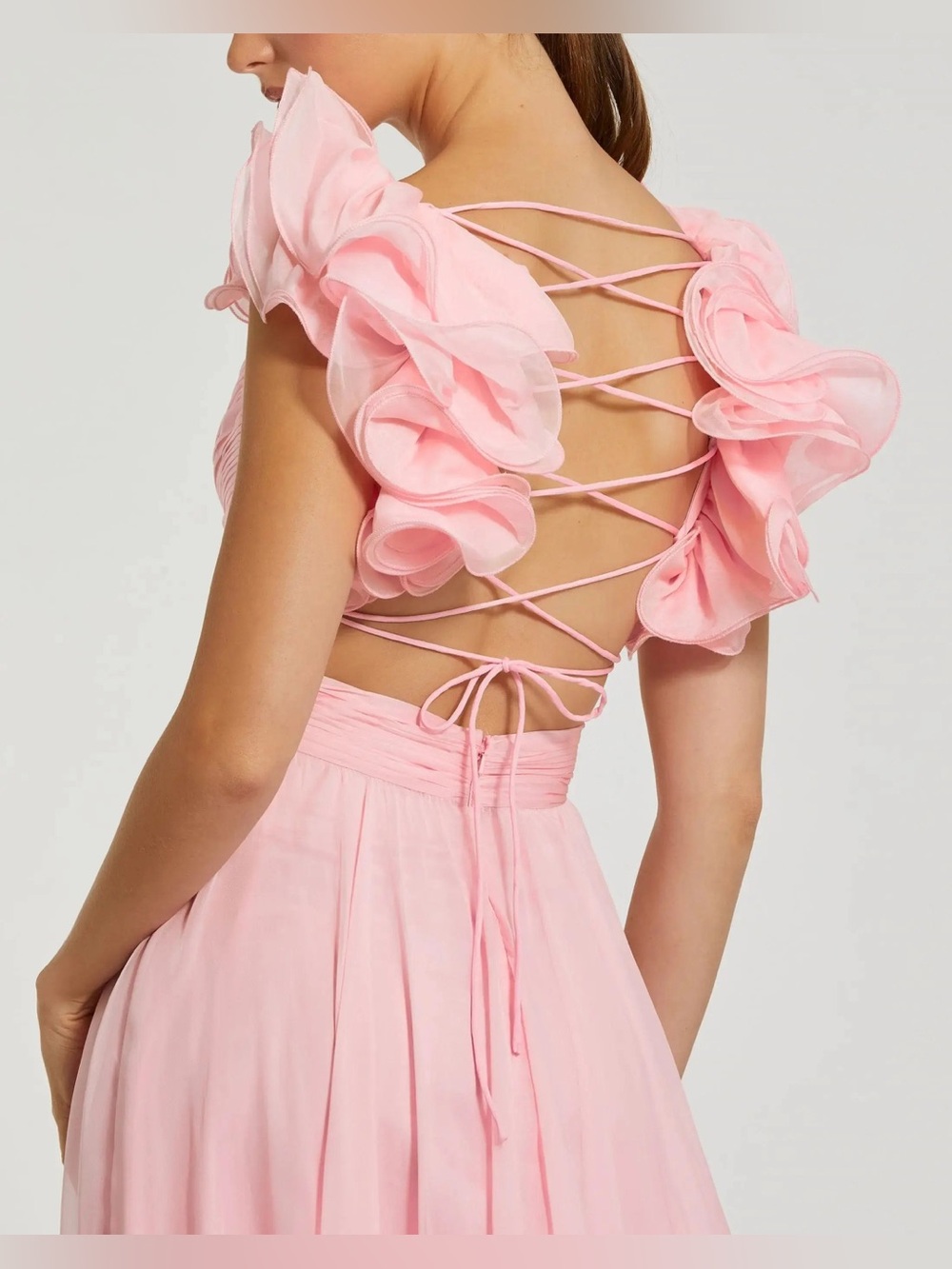 NEW MAC DUGGAL
Pink Ruffle Tiered Cut-Out Chiffon Gown in Blush Sz: 4 #67911 - Picture 4 of 13